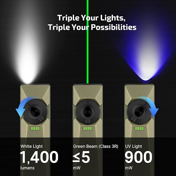 OLIGHT Arkfeld Ultra 1400 Lumens EDC Flat Flashlight, Rechargeable Compact Pocket Flash Light Combines White LED, UV and Green Beam, Triple Sources Perfect for Checking, Working (Olive-Green)