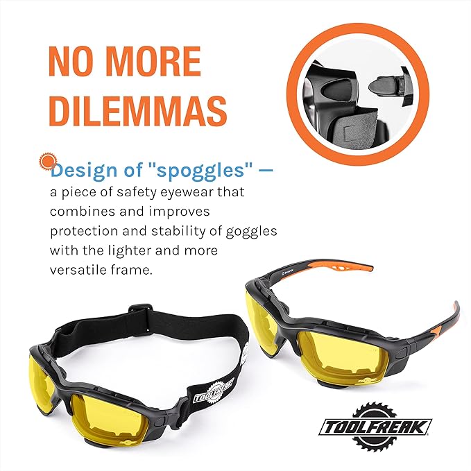 ToolFreak Spoggles - Yellow Lens With Hard Case - Safety Glasses & Protective Goggles - Polycarbonate Lens, ANSI Z87 Rated Protection - Foam Padded, Removable Legs, Headstrap, Hard Case & Cloth
