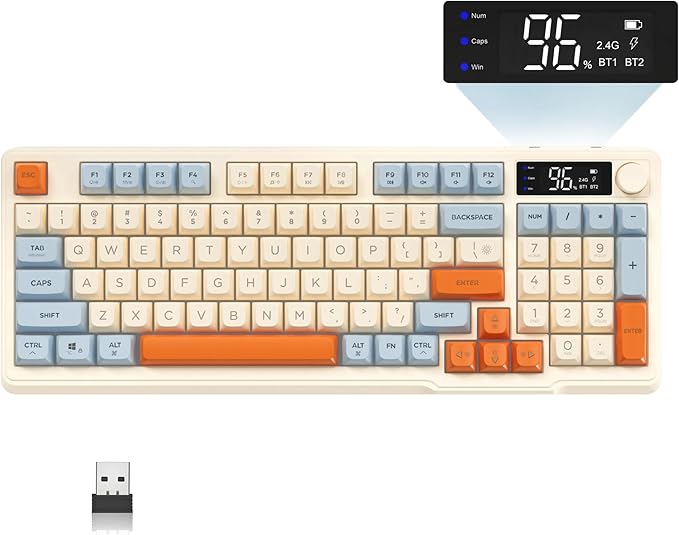 ZIYOU LANG M96 Wireless Gaming Silent Membrane Keyboard,Display Screen & Knob with Multimedia Keys Dual Mode Bluetooth/2.4Ghz,Rainbow Backlight 94Keys Ball Shape PBT Keycap ANSI Layout for Win/Mac