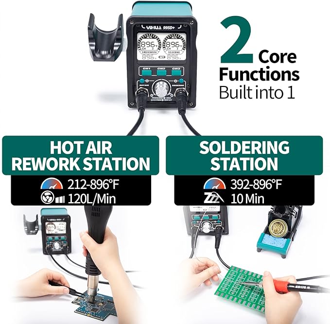 YIHUA 995D+ EVO Soldering Hot Air Station Kit 2-IN-1 110W Soldering Iron with LCD Display, Power Meter, Preset Channels, Sleep Mode, °C-°F Conversion, Automatic Shutdown Functions