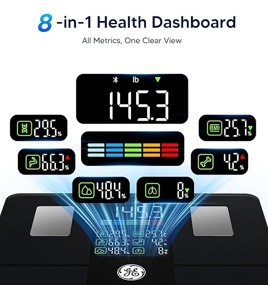 GE Scale for Body Weight, Body Fat, BMI, Muscle Mass, Smart Bathroom Scales with 14 Body Composition Metrics with Large Display, Accurate Bluetooth Weighing Machine with Fitness App, 400 lbs