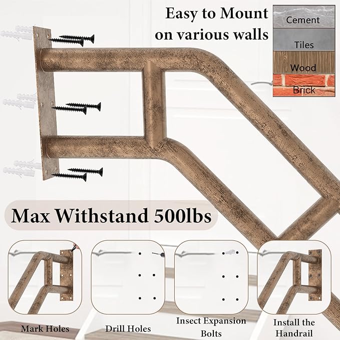 2 Pack Hand Rails for Outdoor 1-3 Steps, 27" Bent Wall Mount Handrail, Antique Metal Stair Handrails, Grab Bars with 2 Anti-Skid Crossbar for Garage Porch Stairs for Elderly Kids Disabled