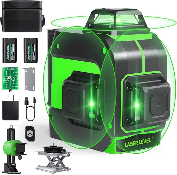 Laser Level, 3x360° Self Leveling Green Cross Line Laser for Construction and Picture Hanging with Rechargeable battery, Remote Controller, Magnetic Rotating Stand-black