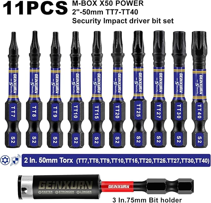 10Pieces 2In. Impact Security Torx (TT7-TT40) Screwdriver Bit Set,Magnetic Multi-Hollow Torx Head Bits, S2 Alloy Steel Star Bits with 1Pc Impact Bit Holder and Storage M-Box