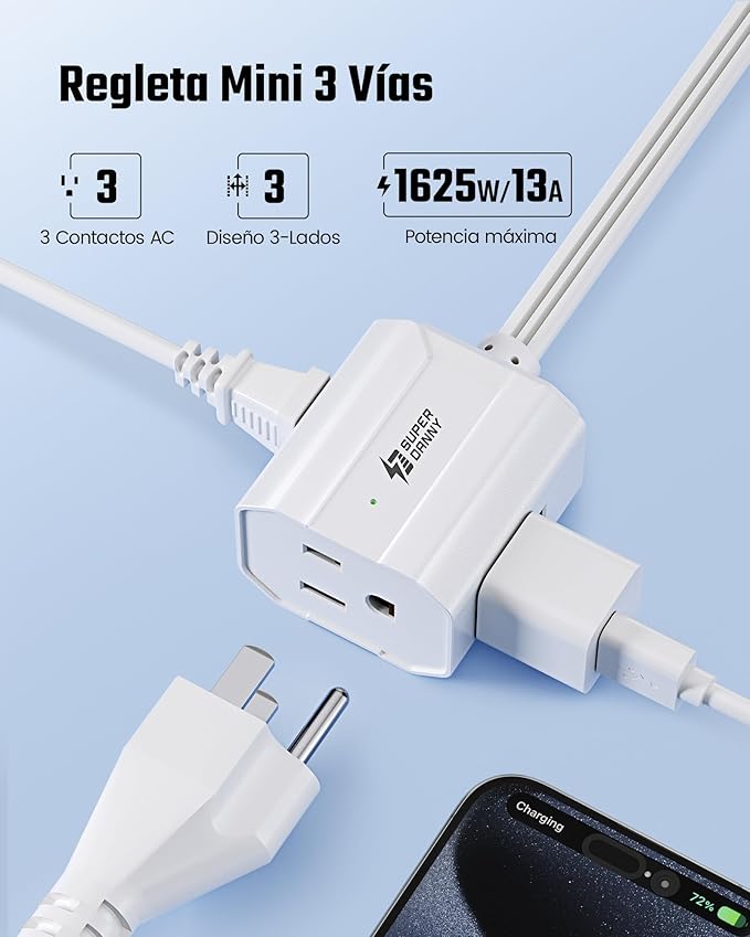 Extension Cord 6ft SUPERDANNY Mini Power Strip Ultra Right Angled Flat Plug for Tight Spaces,Indoor Extension with 3 Outlets,for Office Home Appliances,Non Surge Protector for Travel Cruise,White