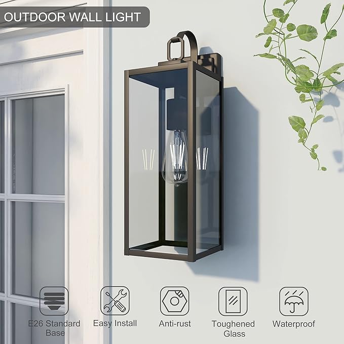 Pia Ricco Large Size Outdoor Wall Lights, 18 Inch Oversized Matte Black Exterior Light Fixture with Clear Glass, Waterproof Front Porch Lighting, Modern Sconces Lantern for House, Garage, ETL Listed