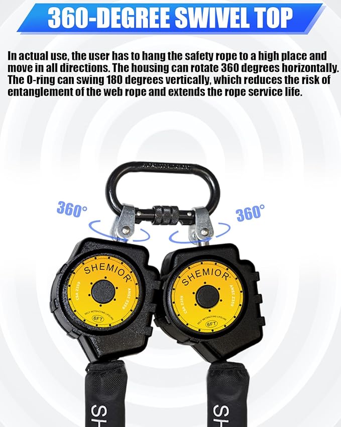 6FT Twin-Leg Self Retracting Lifeline, Swivel Top Lightweight Housing, Web SRL ANSI Self Retractable Safety Lanyard, Fall Arrest Protection Gear for Roofing Construction, Rebar Hook
