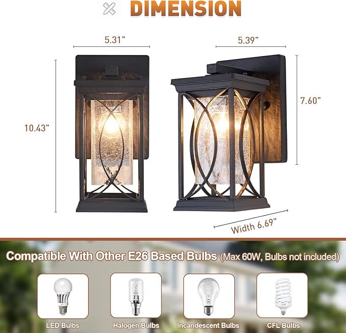 Dusk to Dawn Outdoor Wall Lanterns Small Modern Exterior Light Fixture Aluminum with Crack-Like Glass, UL and IP65 Waterproof Wall Sconce Outdoor Wall Light for Porch, Garage, Front Door, Black