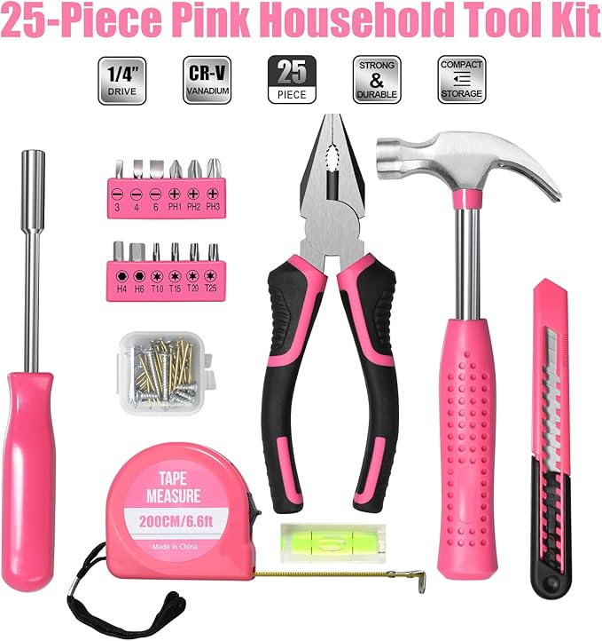 ZUZUAN 25pc Pink Tool Set Household DIY Tool Kit for Women with Easy Carrying Small Mini Tool Box, Perfect for DIY, Home Maintenanc