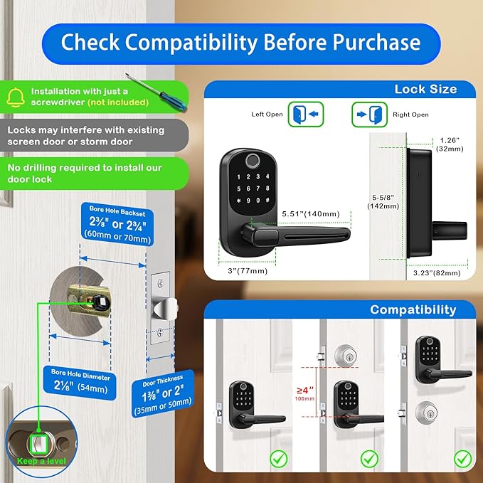 Smart Lock with Handle,Keyless Entry Door Lock,Digital Keypad Deadbolt with App Control, Fingerprint Unlock, PIN Code Unlock, Auto Locking,Smart Locks for Front Door/Exterior/Interior/Bedroom Doors