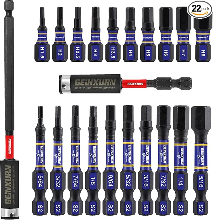 22 Pieces Multi Hex Head Impact Tough Magnetic Allen Wrench Drill Bits Set, 1 In./2 In. Mixed Hex Head (Metric&SAE) S2 Steel Power Bits Set with Bit Extension Holder