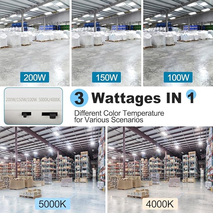 High Bay LED Shop Light 2 Pack 2FT 200W 28000LM, 4000K/5000K Selectable 100-277V, Linear High Bay Lights for Warehouse Workshop Supermarket Stadium, Power Tunable 200W/150W/100W, ETL