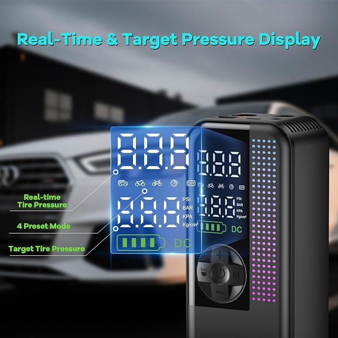 Tire Inflator Portable Air Compressor, 150 PSI Cordless Air Pump, Dual Power 6000mAh, 12V DC Car Plug, Fast Inflation 24L/Min, Auto Shut-Off, LED Light, 4 Preset Modes for Car, Bike, Motorcycle, Balls