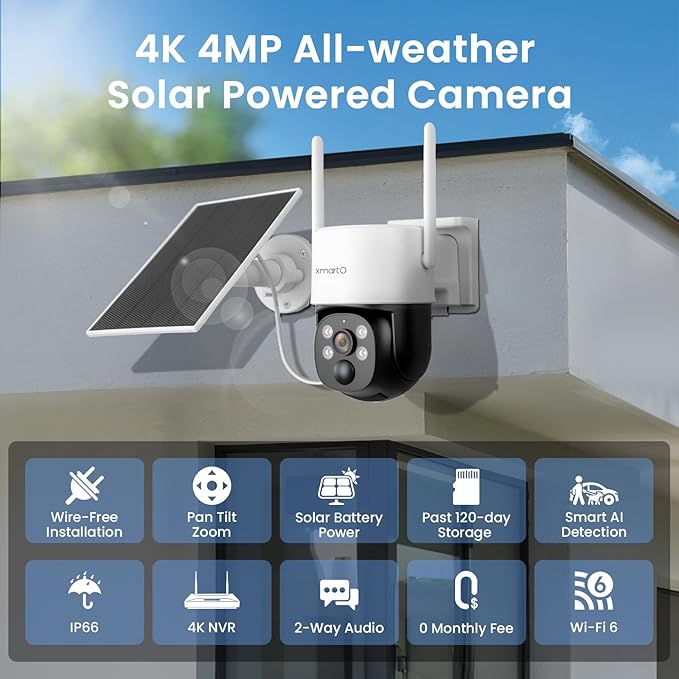XMARTO 100% Wire-Free Solar PTZ Home Security Camera System Wireless, 4-Set 2K 4MP QHD CCTV Camera Kit with 4K 10CH Expandable WiFi NVR and Past 90-Day Video Storage, All-Weather Solar Charge