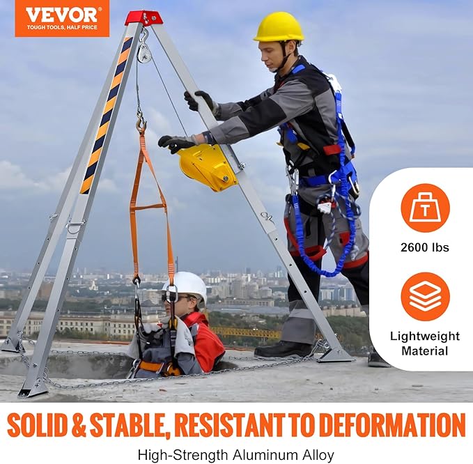 VEVOR Confined Space Tripod Kit, 2600 lbs Winch, Confined Space Tripod 8' Legs and 98' Cable, Confined Space Rescue Tripod 32.8' Fall Protection, Harness, Storage Bag for Traditional Confined Spaces