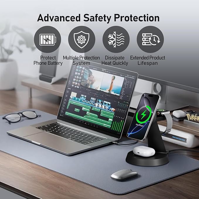 3 in 1 Wireless Charging Station for Apple Mag-Safe 15W Fast Charger Stand for Multiple Apple Devices Magnetic Charger for iPhone 16 Pro Max/16 Pro/16/15/14/13/12, AirPods, iWatch Series(Black)