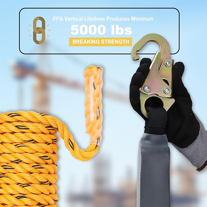 50ft Vertical Lifeline Assembly with Shock Absorber,Fall Protection Safety Rope for Roofing,OSHA ANSI Compliant