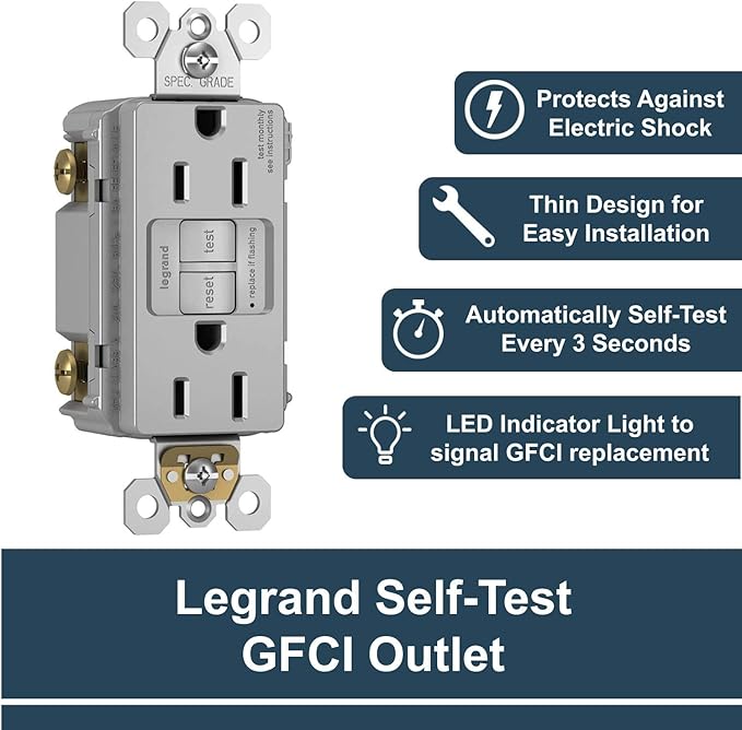 Legrand radiant 1597GRYCCD12 15 Amp GFCI Self Test Decorator Duplex Outlet, Gray (1 Count)