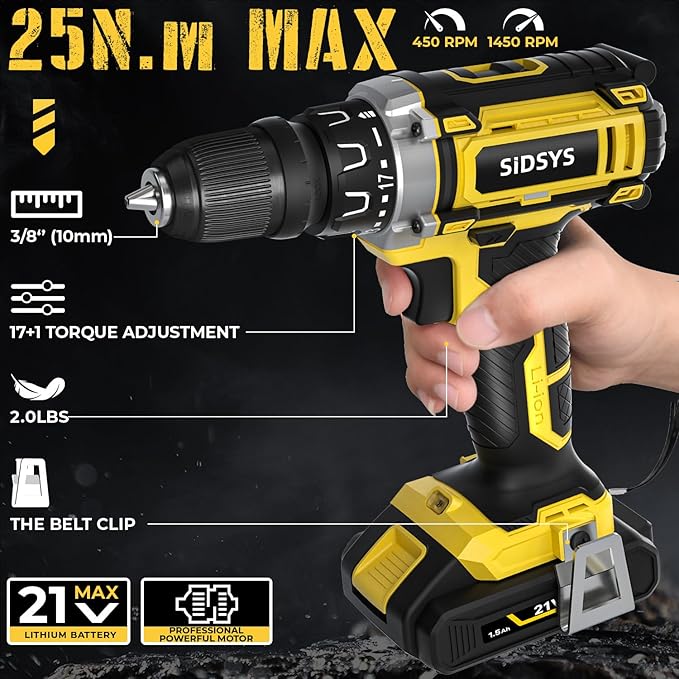 SIDSYS 21V Max Cordless Electric Drill Set, 3/8" Keyless Chuck Power Drill 17+1 Torque, 2 Variable Speed, Built-In LED, Versatile Hand Drills for Wood Drilling/Screw Removal