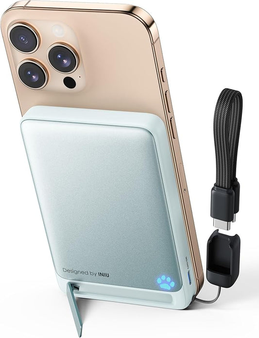 INIU Magnetic Portable Charger, Ultra Slim Qi2 Certified 10000mAh 45W Fast Charging Power Bank, Wireless Battery Pack with Foldable Stand, Phone Charger Only for iPhone 16/15/14/13/12 Series, Blue