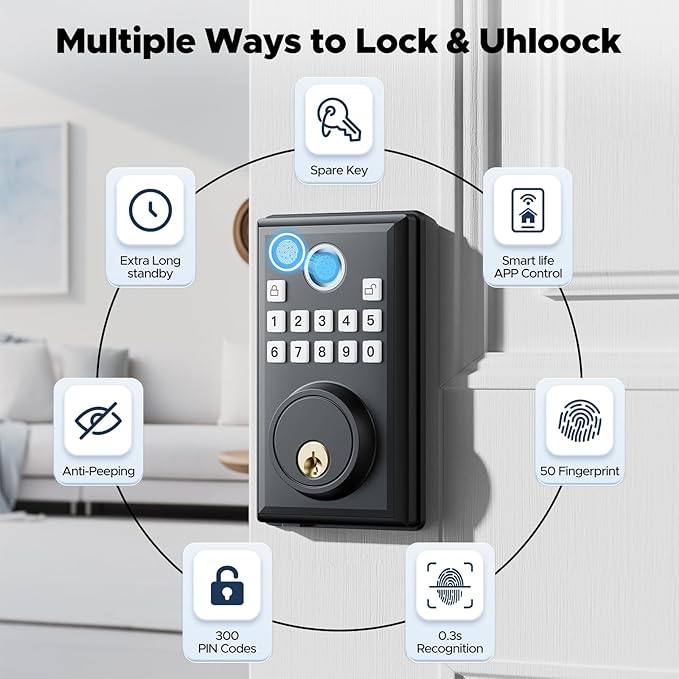 CAMCAMP Keyless Entry Door Lock, Fingerprint Door Lock with APP Remote Control, Smart Lock for Front Door/Bedroom, Easy-to-Install Keypad Deadbolt, Auto-Locking, 4 AA Batteries Include