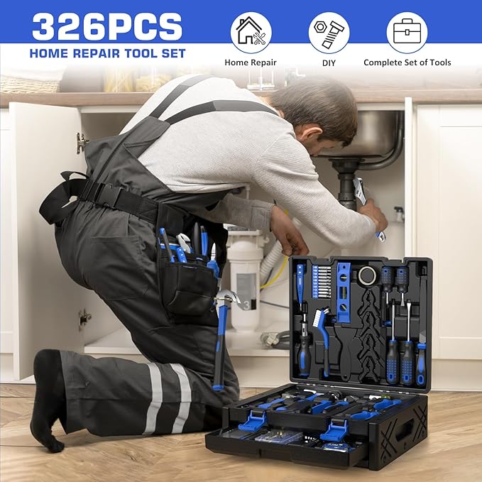 326-PCS Home Tool Kit - Portable Basic Home Repair Tool Set - General Complete Household Outils Box with Hot Glue Gun & Drawer Storage Case for Men Women Homeowner Diyer Handyman