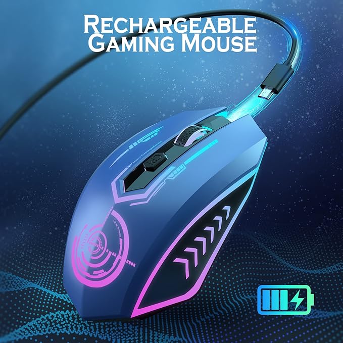 UHURU Gaming Mouse, Wireless Gaming Mouse with 6 Buttons 7 Changeable LED Color up to 10000 DPI, Rechargeable USB Gamer Mouse for PC Laptop (Blue)
