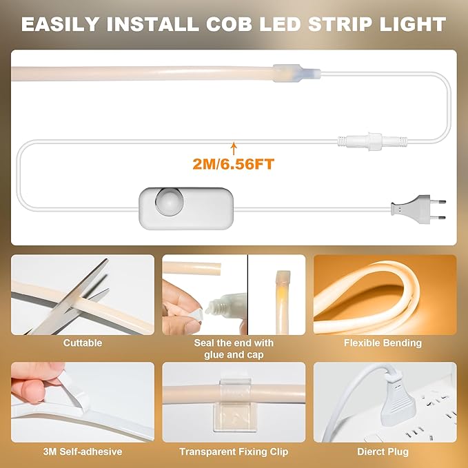 IP67 Waterproof COB LED Strip Lights AC 120V Direct Plug, 33FT Super Bright Outdoor Strip Lights with Double Fuse Controller, 2700K Warm White LED Strips for Garden Patio Commercial Decor