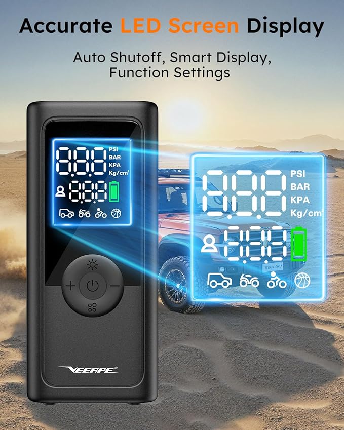 VEEAPE Tire Inflator Portable Air Compressor, 6X Faster Cordless Car Tires Air Pump with Auto-Shutoff Digital Pressure Gauge LED Light Portable Air Pump Tire Inflator for Car, Bike, Motorcycle, Ball