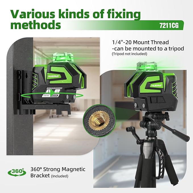 Huepar Self Leveling Green Laser Level Cross Line with 2 Plumb Dots Laser Tool -360 Horizontal Line Plus Large Fan Angle of Vertical Beam -Li-ion Battery with Type-C Charging Port&Magnetic Base 7211CG