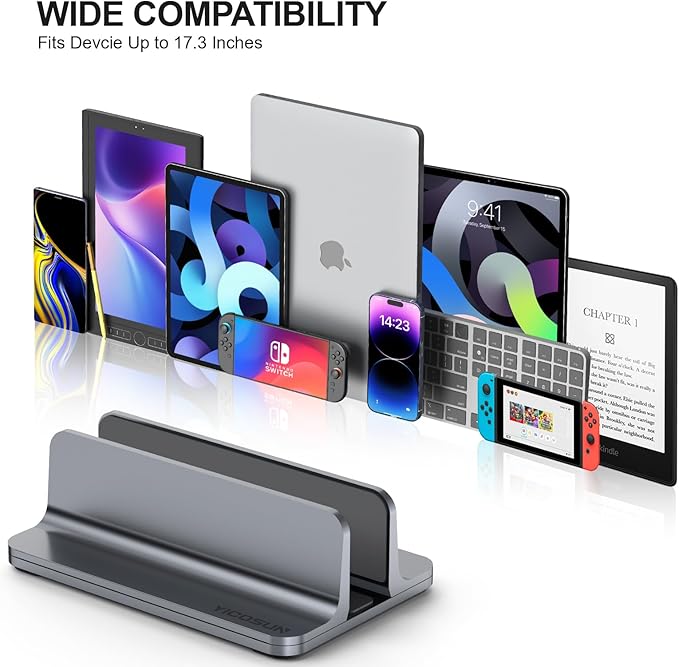 Aluminum Vertical Laptop Stand for Desk - Adjustable Width Dock for MacBook, Surface, Samsung, HP, Dell up to 17.3 inches - Space-Saving & Protective Design - Gray