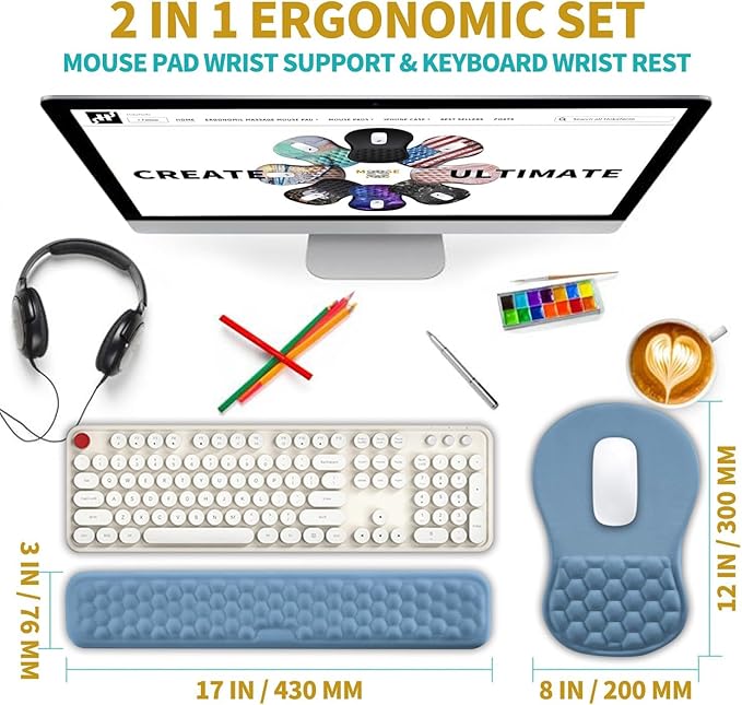 Hokafenle 2 in 1 Ergonomic Mouse Pad Wrist Support & Wrist Rest for Computer Keyboard Set, with Relieve Carpal Tunnel Pain Massage Bulge and Full Memory Gel Design (2In1 Set, Lake Blue)