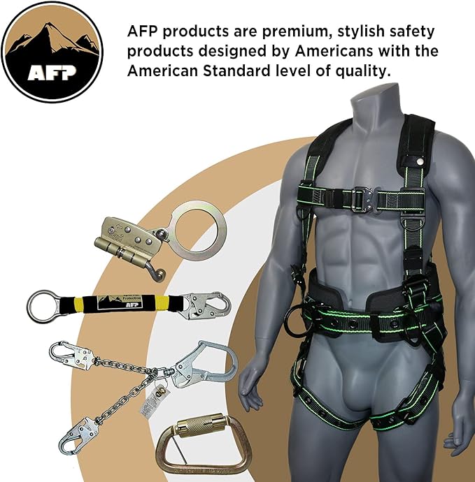 AFP Fall Protection Full-Body Premium Safety Harness, 8” Thick Support Belt, Aluminum D-Rings, Tongue Buckle (OSHA/ANSI PPE)