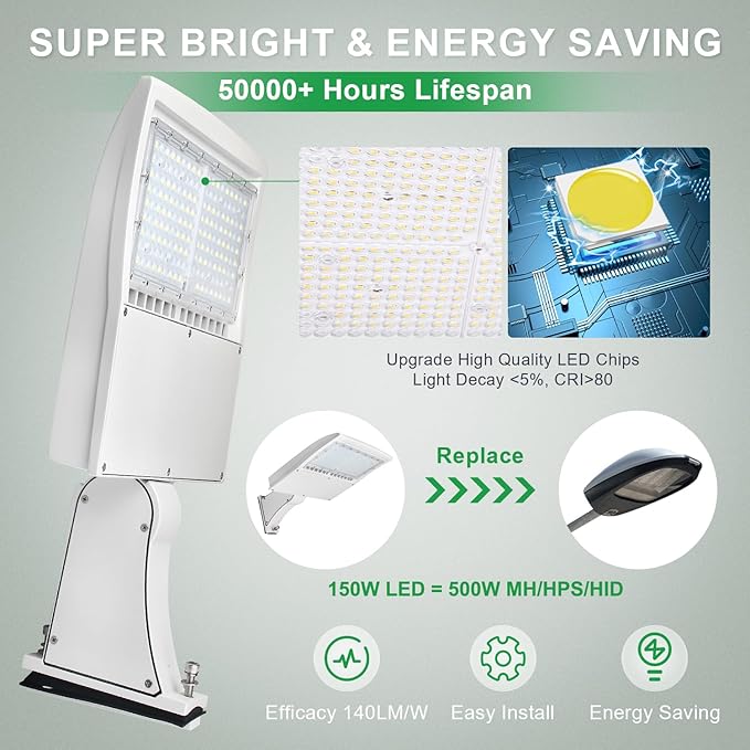 150W LED Parking Lot Light, 5000K 21000LM(140lm/w) LED Shoebox Area Light - Direct Arm Mount, Dimmable Commercial Street Lighting, Surge Protection Built-in, AC100-277V UL DLC Listed