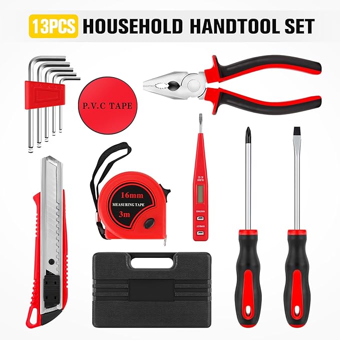 13 Piece Tool Kit, Small Hand Tools for Men Women, Mini Tool Set for Home with Plastic Tool box for Household, Repair, All Purpose