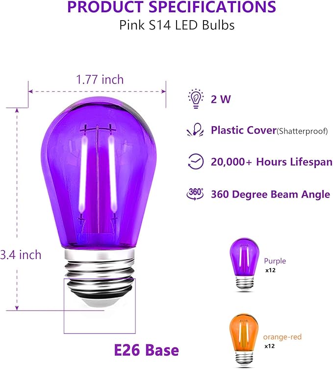 Purple Light Bulb and Orange Light Bulb, 24 Pack S14 LED Bulbs, Shatterproof 2 Watt Replacement Bulbs for Outdoor String Light, Decorative E26 Base Filament Halloween Light, 120V