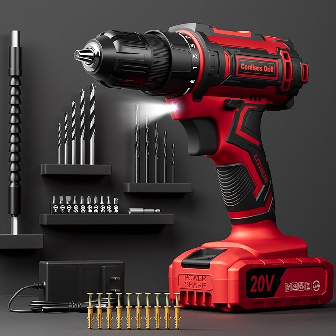 Cordless Drill Set, 20V Power Drill with Power Pack 2.0Ah and Charger, 3/8-Inch Keyless Chuck Electricdrill, 25+1 Torque, 42pcs Drilldriver Bits/Screws for DIY Projects (Red)