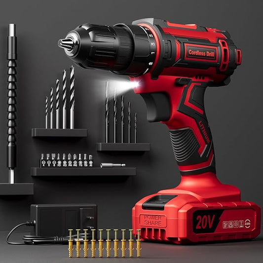 Cordless Drill Set, 20V Power Drill with Power Pack 2.0Ah and Charger, 3/8-Inch Keyless Chuck Electricdrill, 25+1 Torque, 42pcs Drilldriver Bits/Screws for DIY Projects (Red)