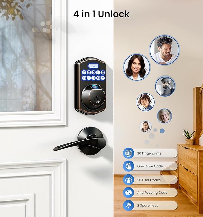 Veise Fingerprint Door Lock, Keyless Entry, Auto Lock, Electronic Keypad Deadbolt for Front Door, Biometric, Anti-Peeking Password, Easy Install, Oil Rubbed Bronze