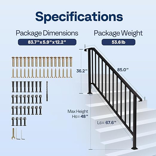 VIVOHOME 2-Pack 6 Step Galvanized Steel Hand Rails for Outdoor Steps – Curved Ends and Safety Balusters Exterior Railing for Porch, Deck, or Indoor Stairs, Complete Installation Kit