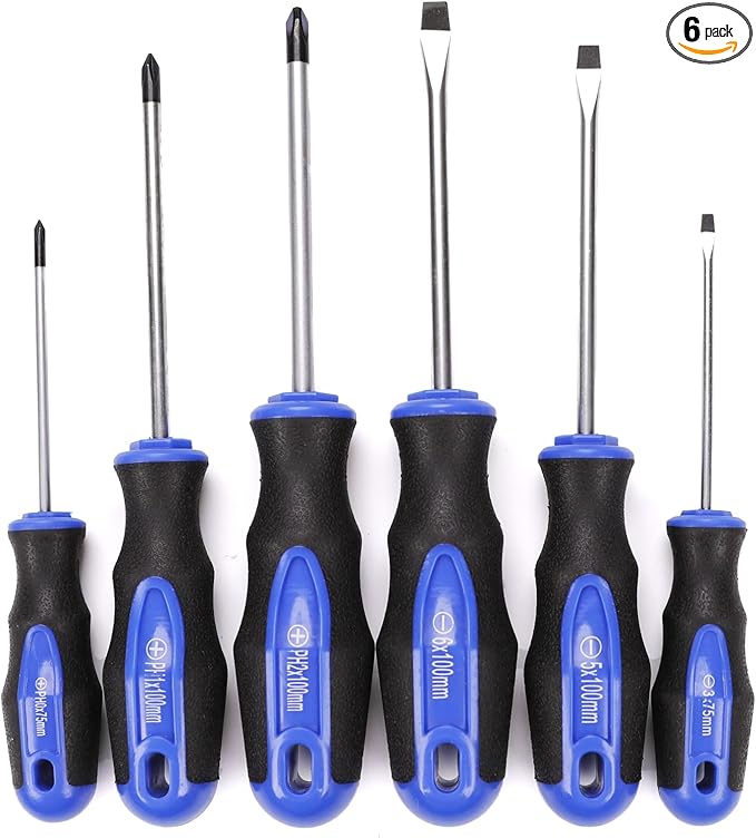 Navegando 6-Piece Magnetic Screwdriver Set with Cr-V Steel, Non-Slip Handle for Home Repair, Electronics, Woodworking – Phillips & Slotted Bits (PH2, PH1, PH0, 6mm, 5mm, 3mm).