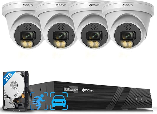 4COVR PoE Security Camera System 4K, 2 Way Audio Talk & Dual Lights Smart Color Night Vision, Person Vehicle Detection, 4X 8MP Dome IP Camera IP67, 8CH 8MP NVR 2TB HDD, 24/7 Home Video, LY97KA8M0804