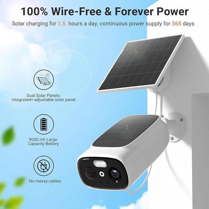 Rraycom 2.5K Solar Security Cameras Wireless Outdoor, 2.4/5Ghz WiFi Battery Solar Powered Security Camera System,Forever Power,Color Night Vision,AI Detection, 2 Way Audio,Spotlight,No Monthly Fee