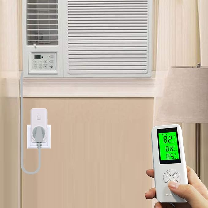 Wireless Temperature Controlled Outlet, Digital Plug in Thermostat Outlet with Remote Control Built in Temp Sensor Heating & Cooling for A/C, Fans, Heaters (Remote Control Detect Temperature)