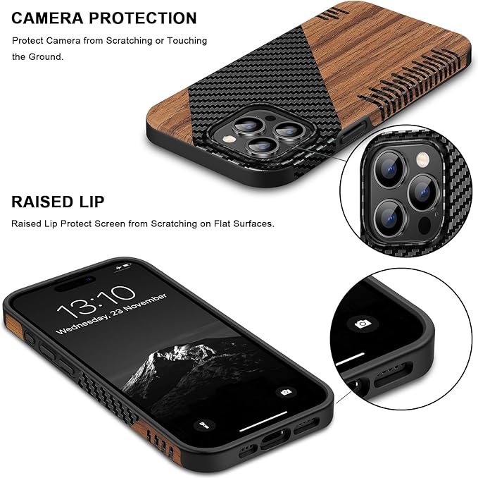 TENDLIN Compatible with iPhone 15 Pro Case Wood Grain with Carbon Fiber Texture Design Leather Hybrid Slim Case (Twill)