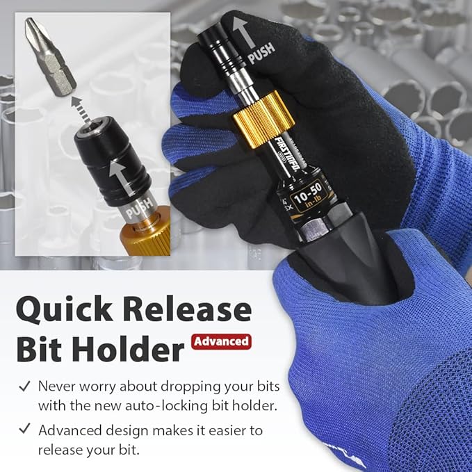 FIRSTINFO H5187 Precision Certified Limited Torque Screwdriver 10-50 in-lbs with 1/4 Inch Universal Hex Bit Holder Quick Release Design and Extra T-Handle