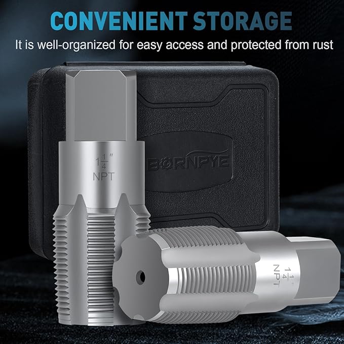1-1/4"-11-1/2 NPT Pipe Tap Set, Precision Carbon Steel Taps Tool, Metric and Standard for Clean and Re-thread Damaged or Jam Pipe Threads in with Durable Plastic Case