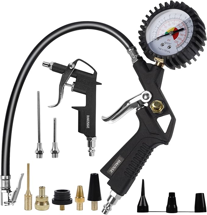 Hausse Heavy Duty Air Compressor Accessory Kit, Air Blow Gun and Air Hose Fittings, 1/4" NPT Air Tool Kit with 100 PSI Tire Inflator Gauge