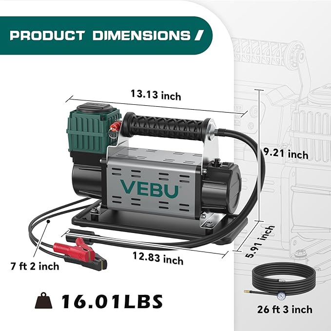 12V Air Compressor, 125PSI Tire Inflator with In-line Pressure Gauge, 5.65CFM Fast Inflation for Off-road Vehicles, Trucks, SUVs, RVs, ATVs, DC Power, Corded Electric