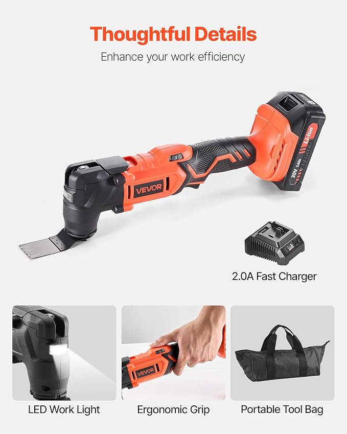 VEVOR Cordless Oscillating Tool, 20V Oscillating Multi Tool Kit with 6 Variable Speeds 8500-17000 OPM, 3.2° Oscillation Angle, 2.0Ah Battery Pack & Charger, 12PCS Saw Accessories & LED Work Light